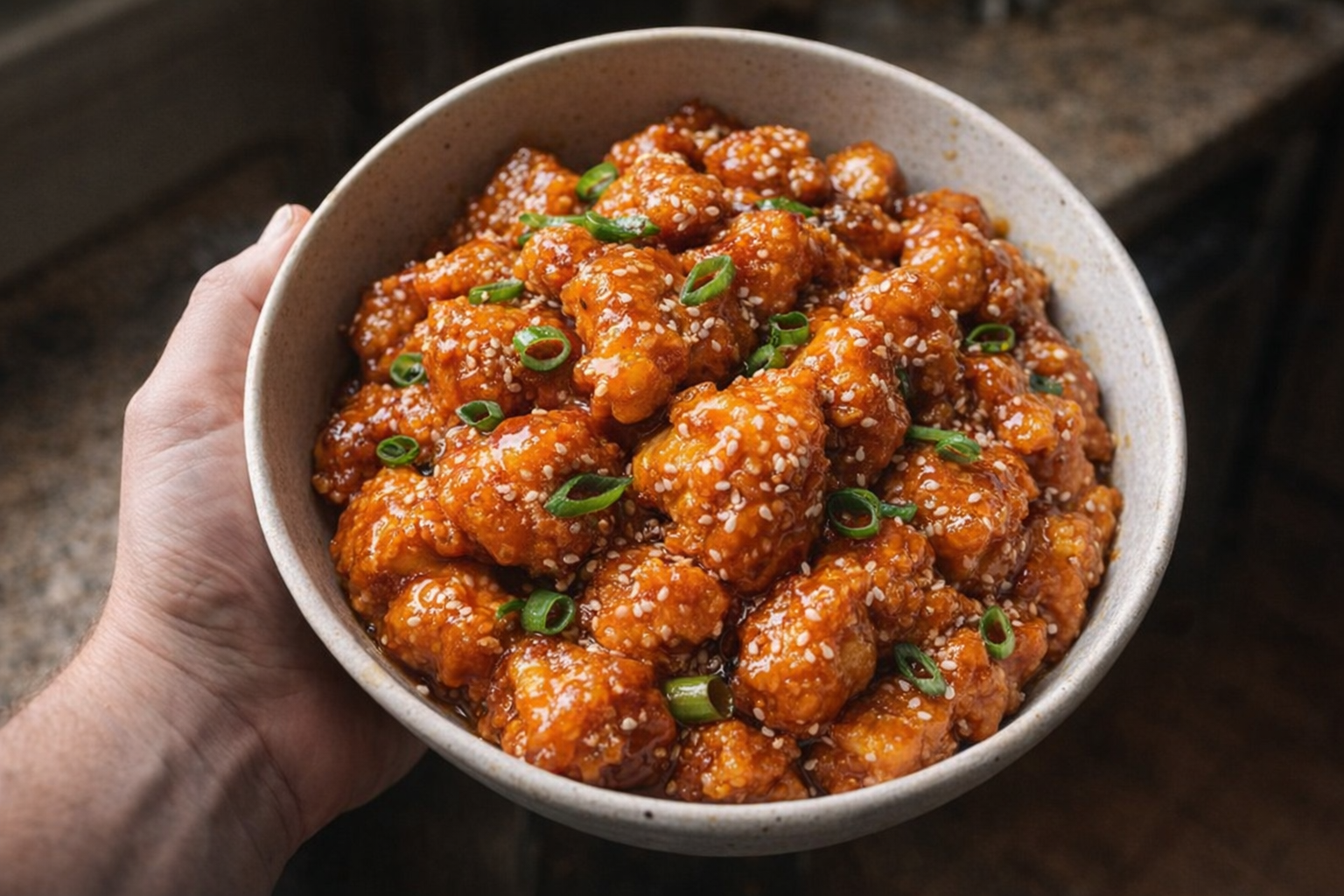 A high-angle shot of a bowl filled with glistening orange chicken, garnished with sesame seeds and scallions, against a dark background